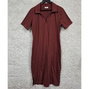 Pact Polo Midi Dress Women Large Rust Brown Organic Cotton Linen V-Neck